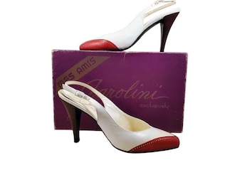 Vintage Garolini Mes Amis Slingback Heels White Red Italy Leather Size 6.5 N