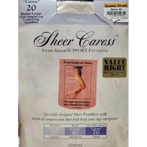 May include: Sheer Caress Extra Sheer Support Pantihose in Queen Short, Bone 40. The packaging shows a woman wearing the pantihose with the text "Value Right" and "Sheerest Support". The pantihose are available in three levels of compression: Active, Busy, and On-the-Move.