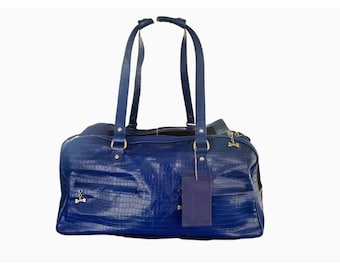 Very Rare Friends of Baby Doll Pliner Pet Carrier Travel Bag Blue Croc Embossed Italian Leather Mesh Sides