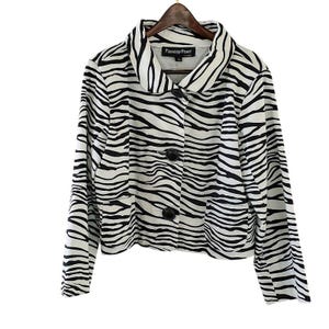 May include: A black and white zebra print jacket with a collared neckline and button closure. The jacket has long sleeves and a cropped length. The label on the jacket reads "Painted Pony".