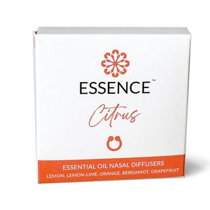 May include: White box with the text "ESSENCE Citrus" and a red flower logo. The box says "Essential Oil Nasal Diffusers" and lists the scents: Lemon, Lemon-Lime, Orange, Bergamot, Grapefruit.