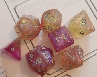 Pink and Yellow Glittery Dungeons & Dragons 7 Piece Dice Set