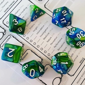 Dungeons and Dragons 7 Piece Polyhedral Dice Set Blue/Green