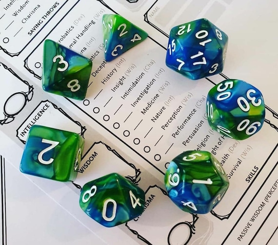 Dungeons and Dragons 7 Piece Polyhedral Dice Set Blue/Green