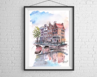 Amsterdam watercolor painting, Canal houses Keizersgraht, original artwork, Amsterdam print