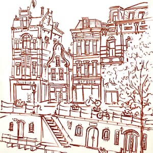 Pintura de Utrecht, arte de Utrecht, casas del canal, obra de arte original, pintura hecha a mano, tinta