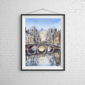 Bridge of Amsterdam, Watercolor painting, Amsterdam canal houses, Original artwork, Print