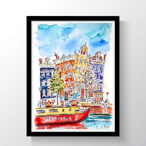 Amsterdam painting, canal hous, red boat, print, canal of Amsterdam, original artwork