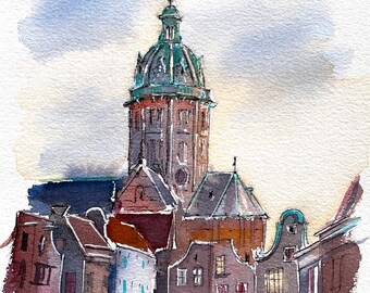 Amsterdamse kunst, print van Amsterdam aquarel schilderij, Grachtenpanden, originele kunstwerken