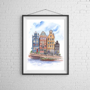 Pittura ad acquerello di Amsterdam, illustrazione di case sui canali, stampe da opere d'arte originali, case sui canali di Amsterdam, poster di Amsterdam