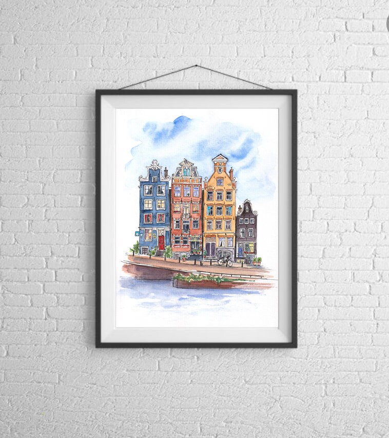 Amsterdam watercolor painting, Canal houses illustration, prints from original artwork
