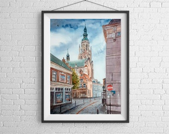 Breda city Watercolor painting, Dutch houses, picture Netherlands