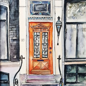 Image d’Amsterdam, Impression d’art d’Amsterdam, Peinture à l’aquarelle d’Amsterdam, Impression de maison de canal, Quartier rouge, Carte postale d’art de porte hollandaise