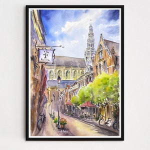Rainy weather in Amsterdam, Watercolor painting, Amsterdam canal houses