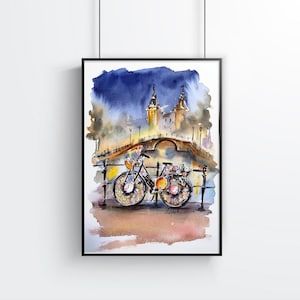 Bicicleta de reloj en Amsterdam, pintura de acuarela de arte de Amsterdam, casas del canal, impresión, cartel, bicicleta de flores
