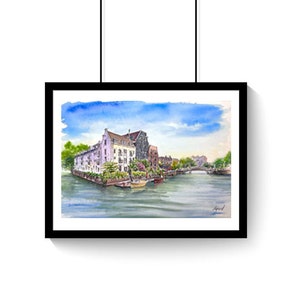Pintura em aquarela de Amsterdã, arte original de Amsterdã, arte de Amsterdã, impressão de Amsterdã, casa do canal de Amsterdã, pôster de Amsterdã