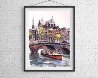 Amsterdam painting, canal hous, red boat, print, canal of Amsterdam, original artwork