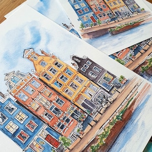 Illustrazione delle colorate case sui canali di Amsterdam