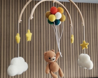 Mobile bébé ballons et nuages ours | Mobile pour bébé garçon Safari Girl pour nouveau-né | Décoration pour chambre d'enfant | Mobile en feutre de laine - Prêt à expédier