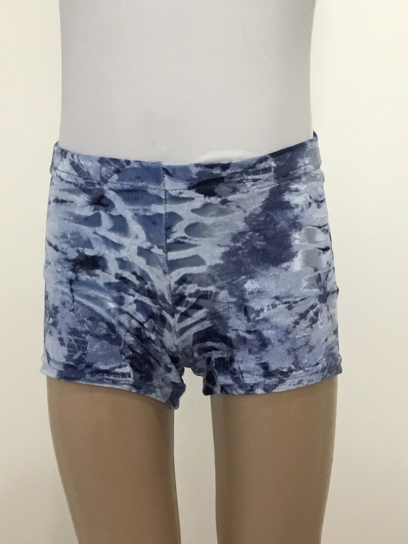 Crushed Velvet blue gym shorts for the budding gymnast. Etsy