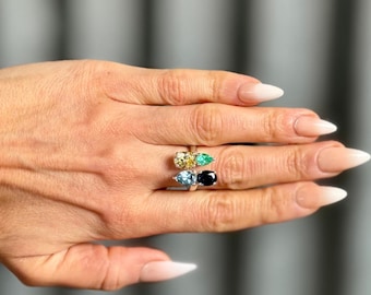 Sterling Silver Emerald, Blue Topaz, Sapphire Ring, Oval Brilliant Cut Stones