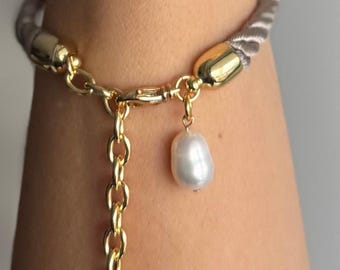 Grey Silk Bracelet | Genuine Freshwater Pearl Detail