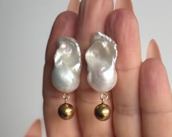 Baroque Pearl Drop Stud Earrings | Stainless Steel Ball Charm, Sterling Silver
