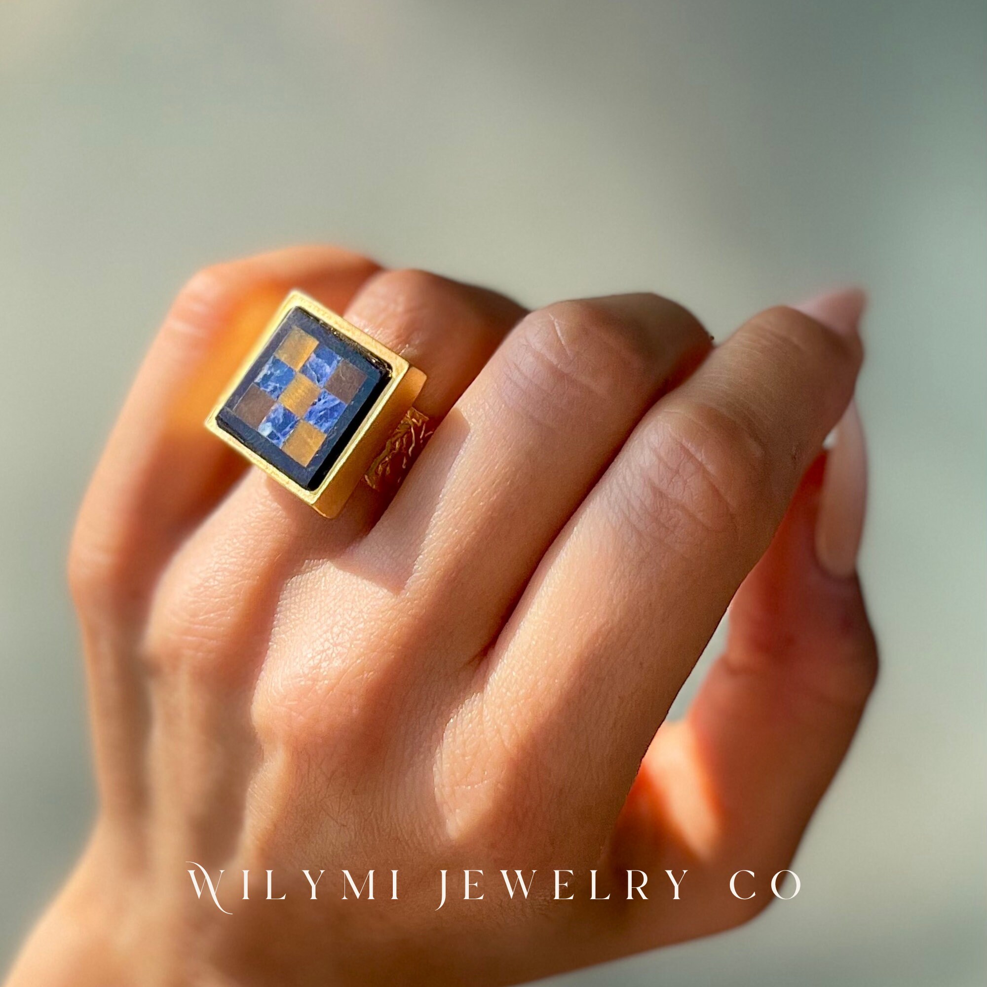 MM 3 Stone Chessboard Mosaic Ring | Sodalite | Black Onyx
