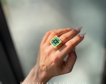 MM Jade + Black Onyx Mosaic Ring | 16mm Square Cut Stone Inlay | 24k Gold Plated | Adjustable