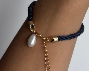 Midnight Blue Silk Bracelet | Genuine Freshwater Pearl Detail