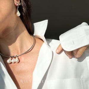 MOON Triple Pearl Silver Tube Choker | Three Removable Baroque Pearls | Collar Necklace | Torc/Torque | Adjustable