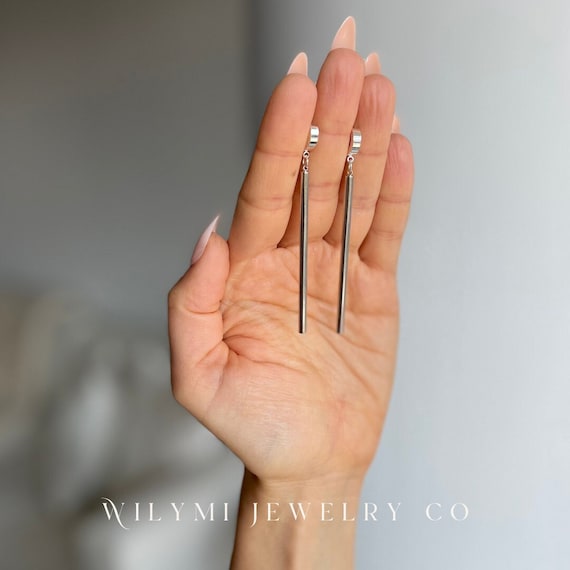 High Gloss Dangle Hoop Earrings: Silver Plated Stainless Steel, 3 Inch