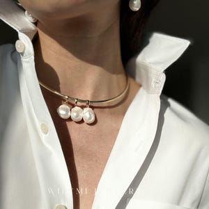 CLARITY Triple Pearl Tube Choker Collar Necklace | Torc/Torque | Gold Filled | Three Removable Baroque Pearls | Adjustable Wire