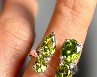 Sterling Silver Peridot Ring | Oval Brilliant Cut & Pear Cut Stones, One Of A Kind