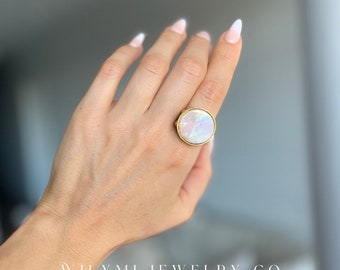 SOFT COLLECTION Rainbow Moonstone Cocktail Ring | 20 mm Round Cut | Asymmetric Rings | 24K Gold Plated Adjustable Ring Band