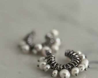 Pearl Crown Coil Hoops | Silver Tone, Hypoallergenic