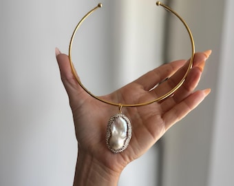 One of A Kind Baroque Pearl Tube Necklace | 18k Gold Filled Chocker | Adjustable | Genuine Pearl | Pavé CZ Stones