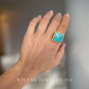 FULL PACKAGE Turquoise 16 mm Square Cut Ring | 24k Gold Filled Band | Luminous Gold Brush Finish | Adjustable