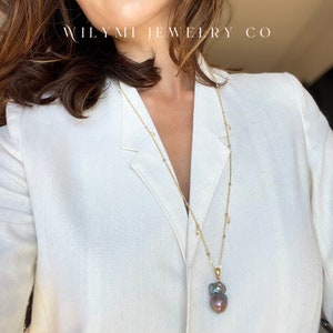 Tahitian Peacock Pearl Necklace: Herkimer Diamonds & Crystal Chain