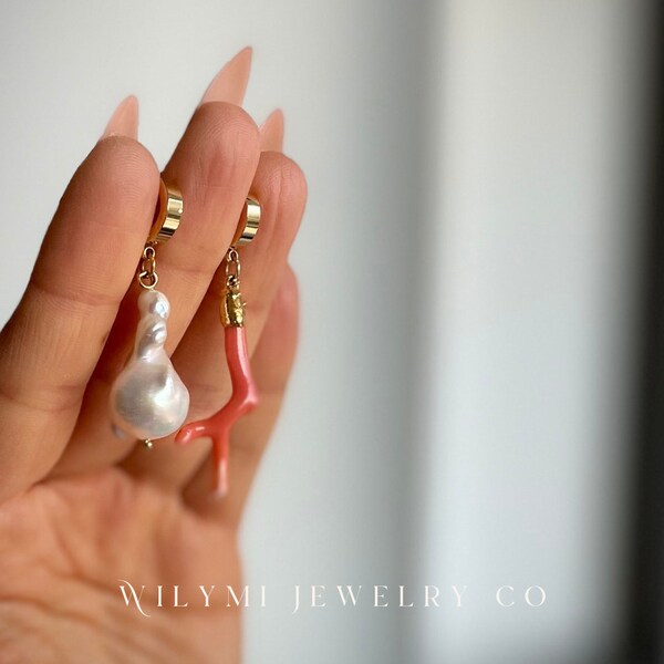 CLARITY in CORAL Mismatched Earrings | One of A Kind Earring Set | Genuine Coral Branch | Baroque Pearl | Hypoallergenic | Lightweight