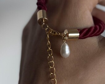 Deep Cherry Red Silk Bracelet | Genuine Freshwater Pearl Detail