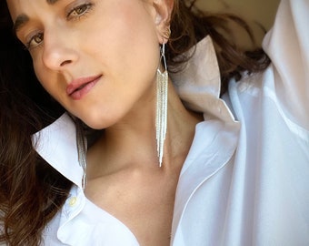 NYE Fringe Earrings | Silver Tassels | Sparkling | Lightweight | 5 Inches Long | Hypoallergenic