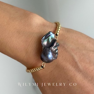 CLARITY Bracelets | Brilliant Tahitian Flameball Baroque Pearl Bracelet | High Gloss Gold Beads | Black Silk | Gold Plated | Adjustable