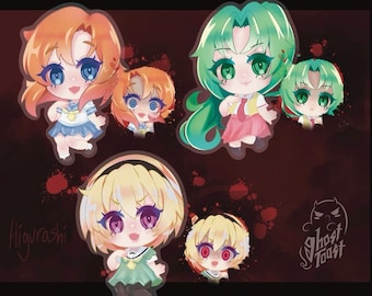 May include: Five anime-style character illustrations with large eyes and colorful hair. The characters are set against a dark red background with white splatters. The text "Higurashi" is in the bottom left corner and "Ghost Toast" is in the bottom right corner.
