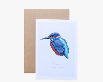 Kingfisher Watercolour Card- Egg painted inside- Minimal Wildlife Bird Card- A6 Greetings Card-Bird Card- Blank Inside