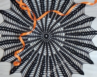 Black round crochet doily, Halloween black decor, Halloween crochet doily, Spider web doily