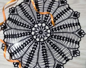 Black crochet doily, Halloween black decor, Halloween crochet doily, Spider web doily, Lace table decor, Cotton black doily