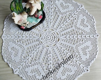 Ivory crochet doily, crochet hearts, Valentine's Day decor