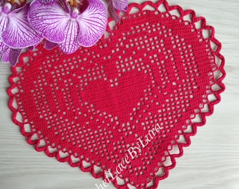 Heart  coaster, Red crochet heart, Valentine's Day Heart doily, Heart doily in vintage style, Red heart