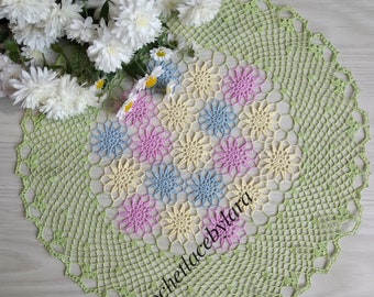 Napperon au crochet multicolore, napperon floral rose, napperon au crochet vert, décoration de table printanière